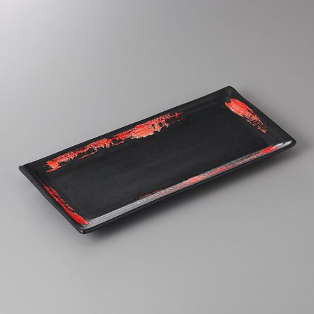 Japanese rectangular plate in black ceramic with red brush - MIGAKIMASU