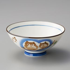 Japanese ceramic rice bowl, KOHIKI MORI NO CHIE FUKURÔ ÔHIRA, owl