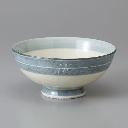 Beige Japanese rice bowl with gray border and white line - RAIN