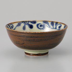 Ciotola di riso in ceramica giapponese, marrone e blu, HANA NO KARAKUSA