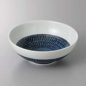 Japanese ceramic ramen bowl, white and blue, spiral pattern - RASEN