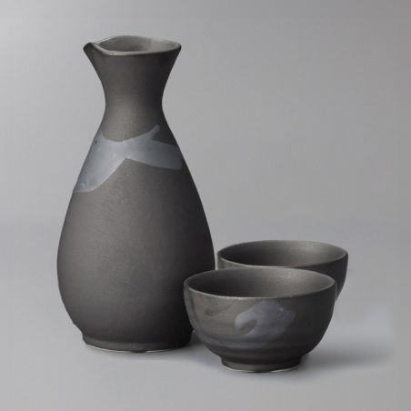 Ceramic sake service, bottle and 2 cups, black and silver gray - GIN
