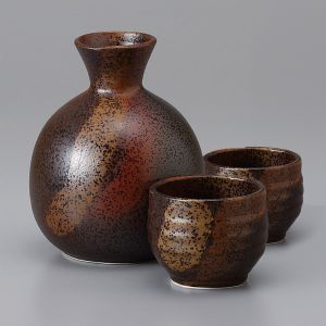 Ceramic sake service, bottle and 2 cups, brown shades - NYUANSU
