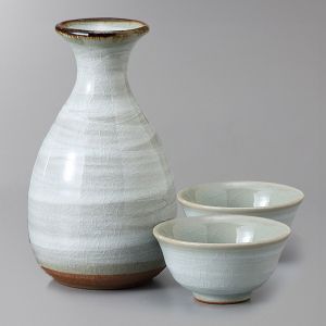 Keramik Sake Service, Flasche und 2 Tassen, Knistern Emaille grau - WARETA