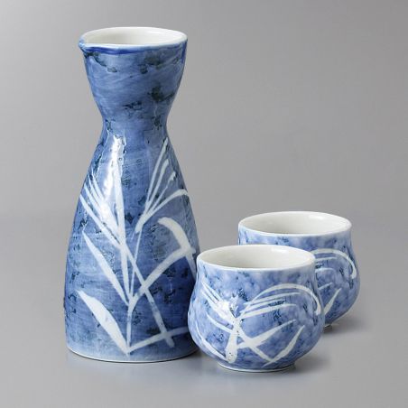 Ceramic sake service, bottle and 2 cups, blue and white - TAKE