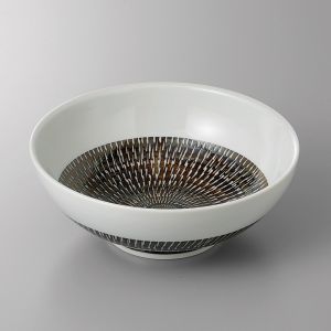 Japanese ceramic ramen bowl, white and brown, spiral pattern - RASEN
