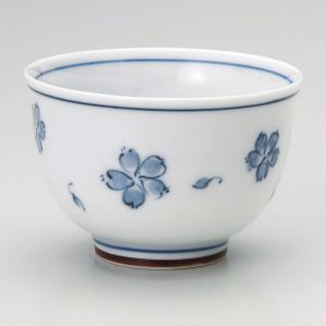 Japanese ceramic tea cup, white with blue flowers - HANA