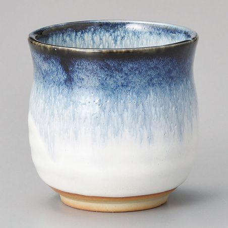 Japanese ceramic tea cup, white, blue border - KYOKAI