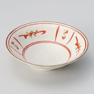 Small Japanese high white ceramic plate with red patterns - FUDE KAKI
