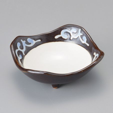 Piccolo contenitore quadrato giapponese in ceramica marrone con arabeschi blu - ARABESUKU