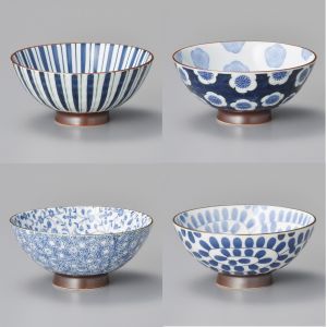 Set de 4 bols à riz japonais en céramique blanc, motifs variés bleus - SAMAZAMANA