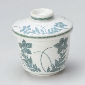 Taza japonesa con tapa chawan mushi, flores grises y azules - AOI HANA