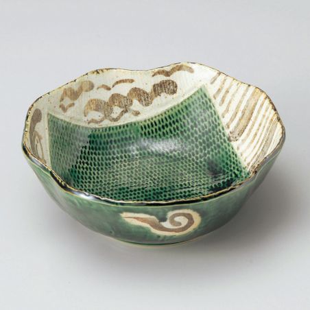 Japanese ceramic container, beige and green - ORIBE