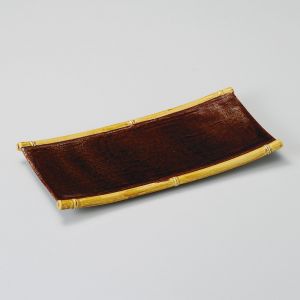 Japanese rectangular plate in ceramic, brown, bamboo - TAKE