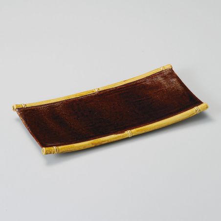 Assiette rectangulaire japonaise en céramique, marron, bambou - TAKE