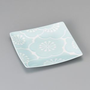 Japanese square ceramic plate, blue and white - UME