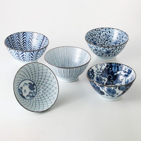 Set mit 5 großen japanischen Ramenschalen, MOYO, blau und weiß