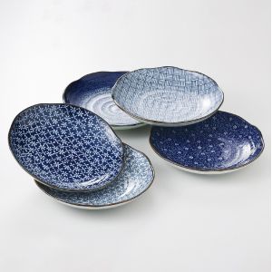 Set mit 5 runden Tellern Ø23cm Motive blau japanisch IMAYÔ KOZOME