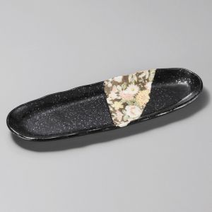 Rectangular black ceramic plate with flowers - KAHEI