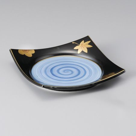 Petite assiette japonaise carrée noire et dorures peintes à la main - MOMIJI SAKURA