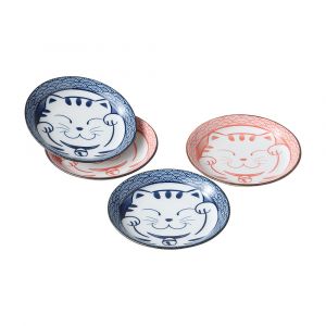 Set de 4 petites assiettes en céramique bleu et rose motif Chat- NEKO