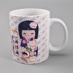 cup with kokeshi peony flower patterns white VIVID MUG KOKESHI BOTAN