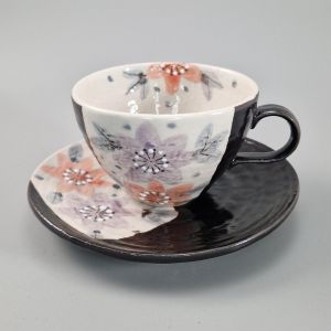 Taza de té de cerámica con asa y platillo, negra y flores - HANA