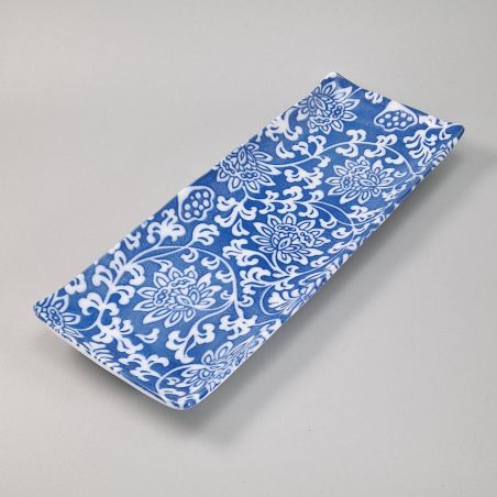 Japanese rectangular ceramic plate, blue and white flowers - HANA
