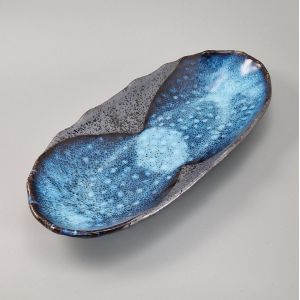 Assiette ovale japonaise en céramique, gris et bleu - BURU