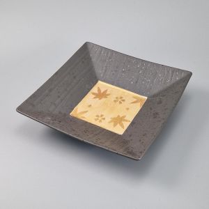 Japanese square ceramic plate, black with gold center - MOMIJI