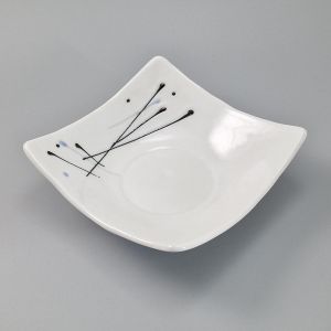 Assiette carrée japonaise en céramique, marron, à rebords, blanc, lignes noires et bleues - GYO