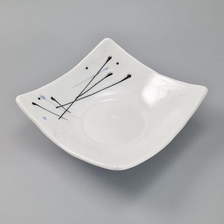 Plato de cerámica cuadrado japonés, marrón, bordeado, líneas blancas, negras y azules - GYO
