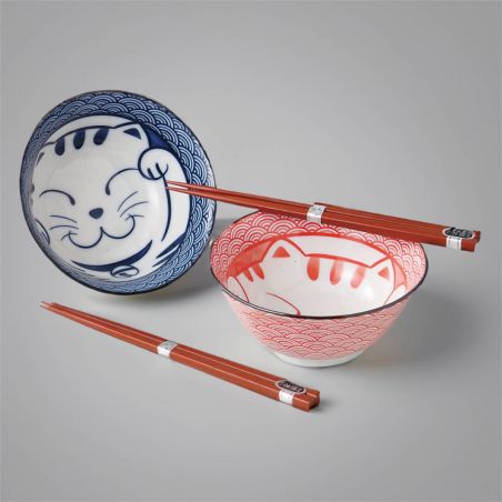 Set da 2 ciotole giapponesi di ceramica per ramen MANEKINEKO rosso e blu