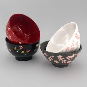 Duo of 2 ceramic rice bowls and 2 resin soup bowls, SAKURA