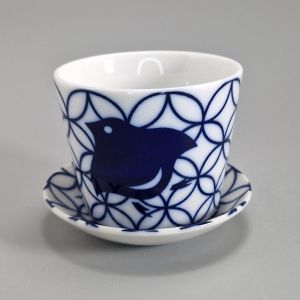Ceramic tea cup with saucer, white and blue bird - AOI CHIDORI