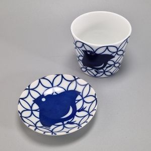 Taza de té de cerámica con plato, pájaro blanco y azul - AOI CHIDORI