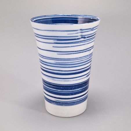 Japanese ceramic mazagran, blue and white, brush lines - MIGAKIMASU