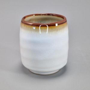 Japanese ceramic tea cup, white, brown shades border - KYOKAI