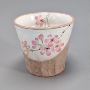 Japanese flared ceramic tea cup, beige and brown - SAKURA