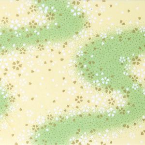 grande feuille papier japonais, YUZEN WASHI, vert, Motif de fleurs de cerisier épars