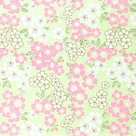 large sheet of Japanese paper, YUZEN WASHI, green, cherry blossoms in full bloom, small