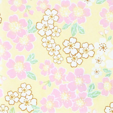 grande feuille papier japonais, YUZEN WASHI, jaune, Fleurs de cerisier en pleine floraison