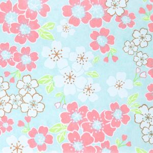 grande feuille papier japonais, YUZEN WASHI, bleu ciel, Fleurs de cerisier en pleine floraison