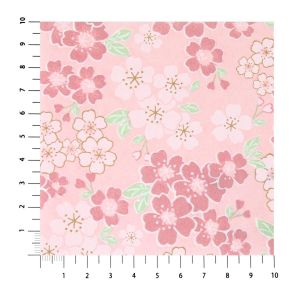 grande feuille papier japonais, YUZEN WASHI, rose et vert, Fleurs de cerisier en pleine floraison