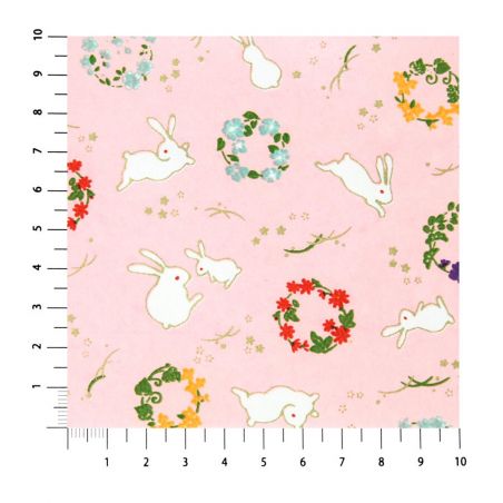 grande feuille papier japonais, YUZEN WASHI, rose, motif lapin et fleur.