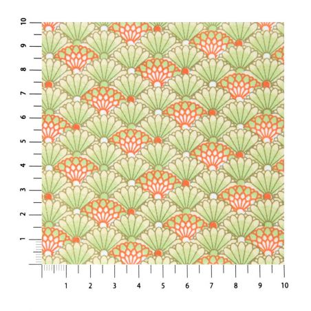 large sheet of Japanese paper, YUZEN WASHI, green and orange, Bokashi Chrysanthemum patterns