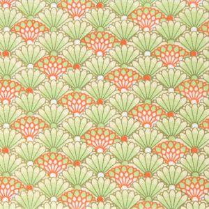 large sheet of Japanese paper, YUZEN WASHI, green and orange, Bokashi Chrysanthemum patterns