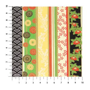 grande feuille papier japonais, YUZEN WASHI, noir, Quatre saisons de fleurs sur motif rayé