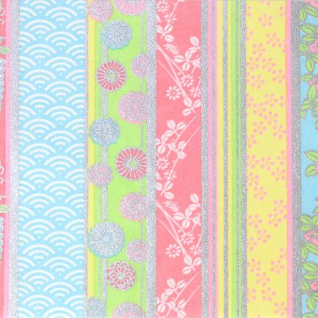 hoja grande de papel japonés, YUZEN WASHI, turquesa y rosa, Cuatro estaciones de flores con estampado de rayas