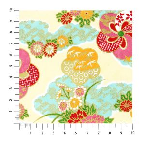 Hoja de papel japonés A4, YUZEN WASHI, amarillo y turquesa, Kumochiri con motivos florales